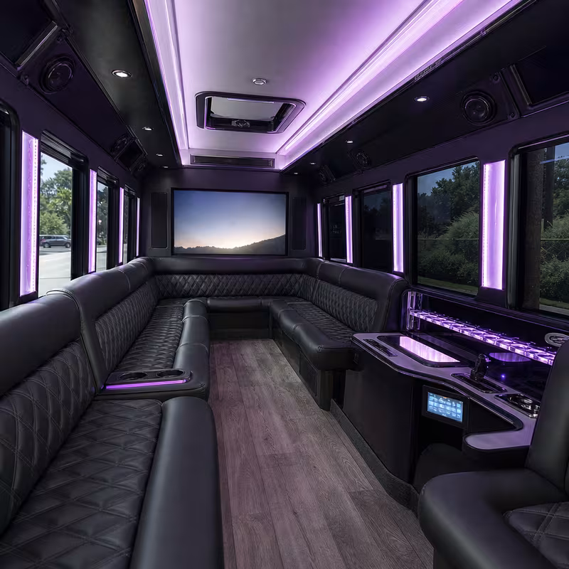 Friends laughing during a San Bernadino party bus celebration