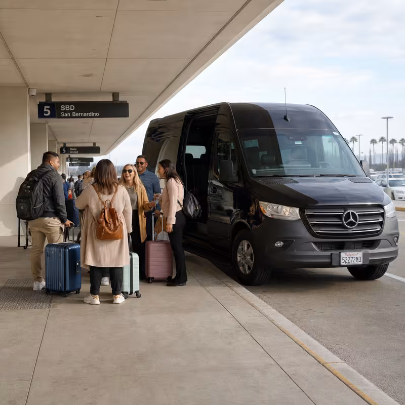 Group boarding a white charter bus for Airport Transportation transportation in San Bernadino