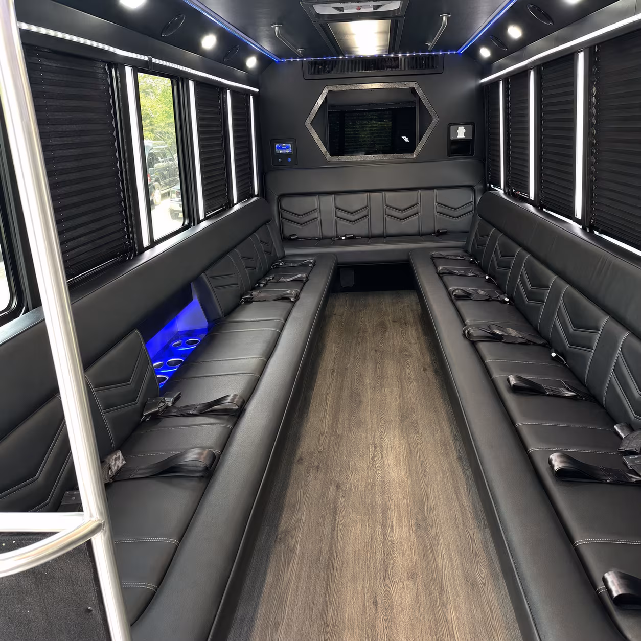 Interior of a party bus rental serving San Bernardino