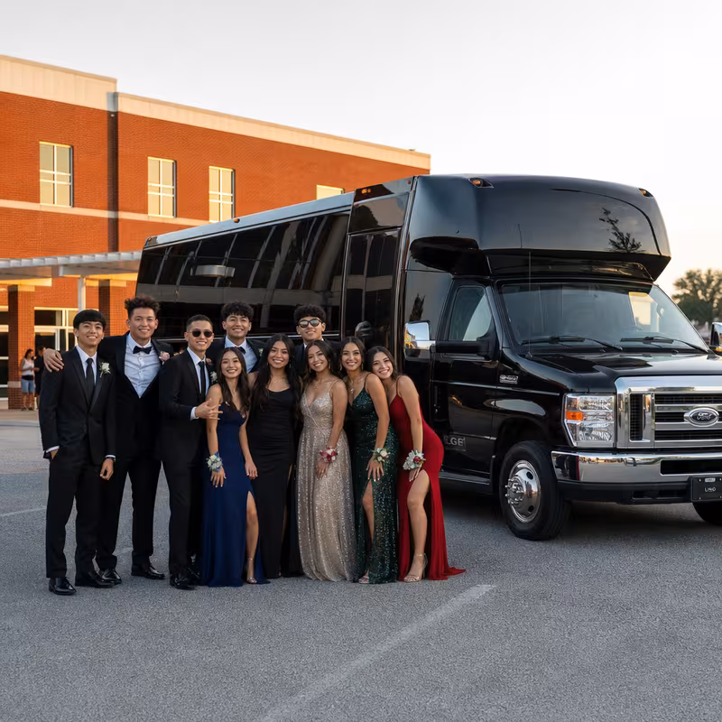 Group boarding a white charter bus for Prom & Homecoming Transportation transportation in San Bernadino