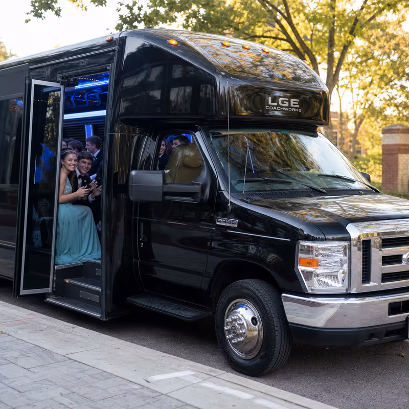 Black Mercedes Sprinter van staged for an San Bernadino Prom & Homecoming Transportation group