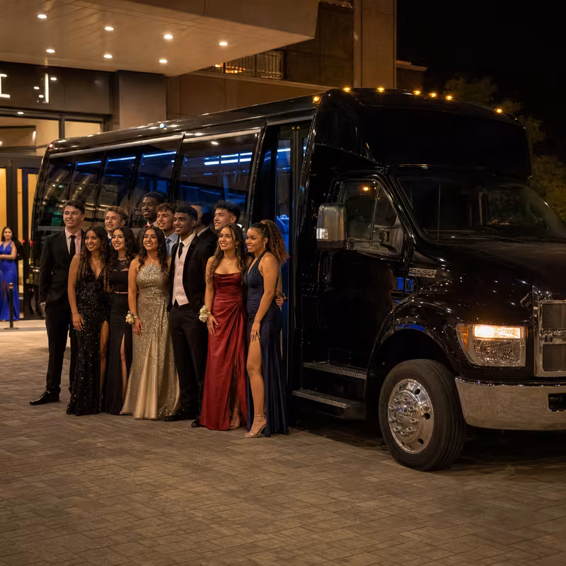 Party bus interior with wraparound leather seating and LED lighting in San Bernadino