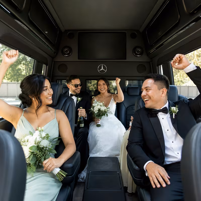 Black Mercedes Sprinter van staged for an San Bernadino Wedding Transportation group